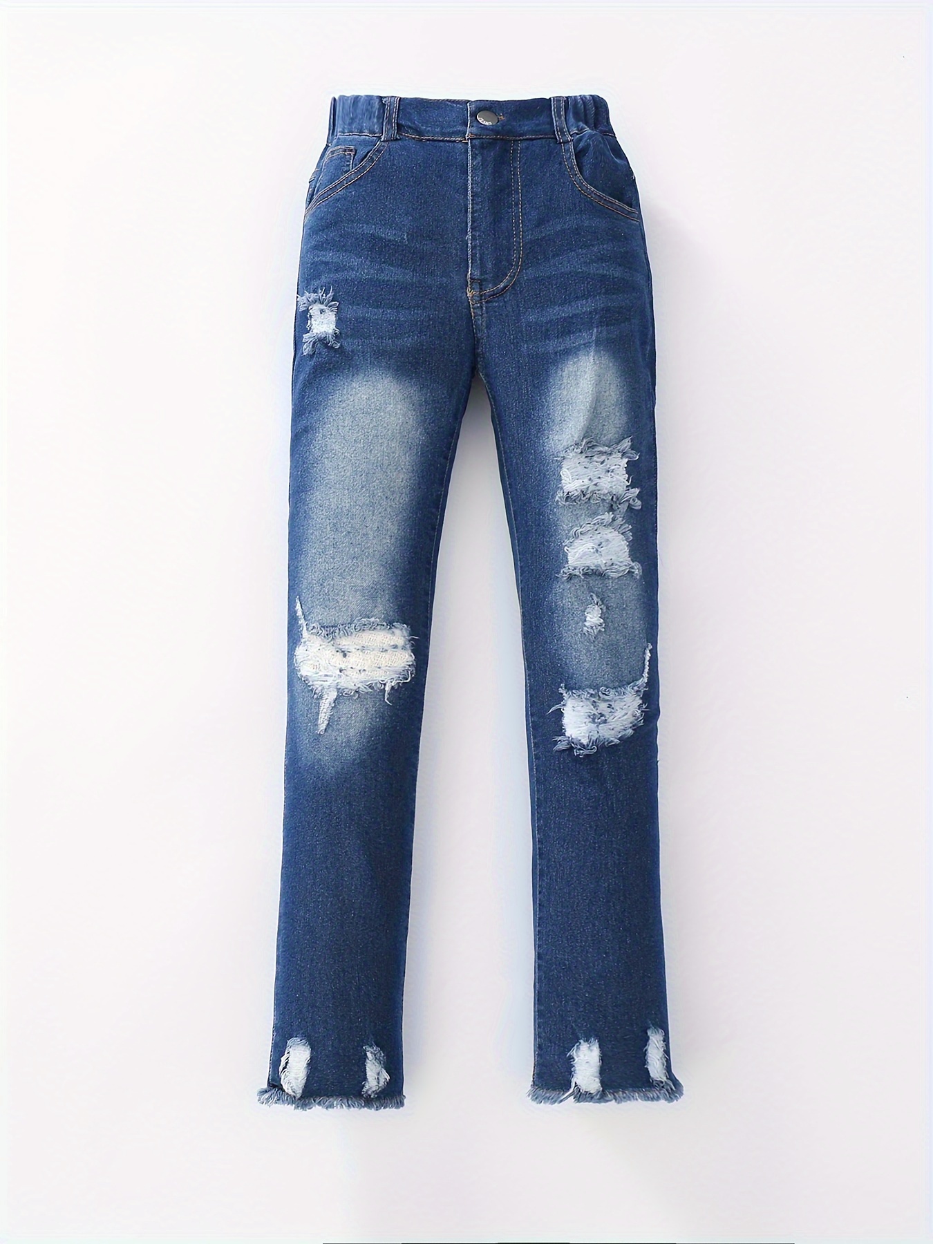 Teen Girls Cut Rip Skinny Jeans Elastic Waist Tapered - Temu