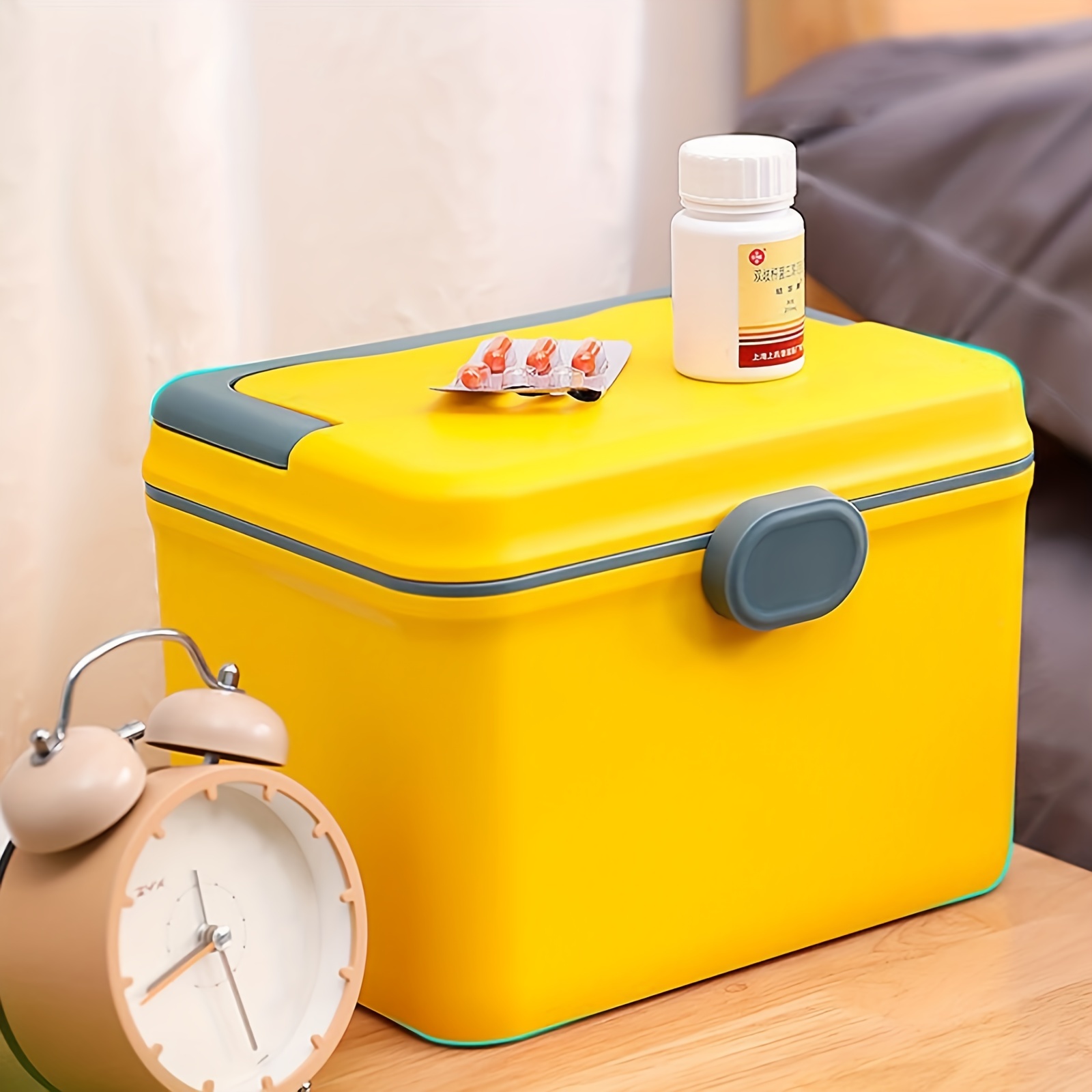 First Aid Box, Medicine Container Box Portable Medicine Box Double Layers  Medical Box Family Medicine Lock Box with Handle for Home Car Travel(M#Grey)