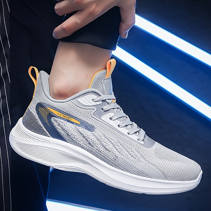 Men's Plus Size Breathable Lightweight Running Shoes - All-Season Casual Sneakers with Geometric/Yellow Stripe Design, Fabric Upper & MD Sole for Outdoor Activities, Modern Athletic Footwear, Comfortable EVA Insole, Geometric Design, Durable Construction, Fitness Enthusiasts