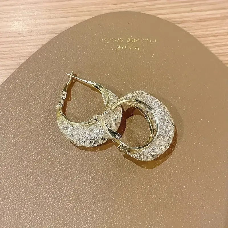 golden mesh design with shiny zircon decor hoop earrings elegant style zinc alloy jewelry daily wear accessories details 2