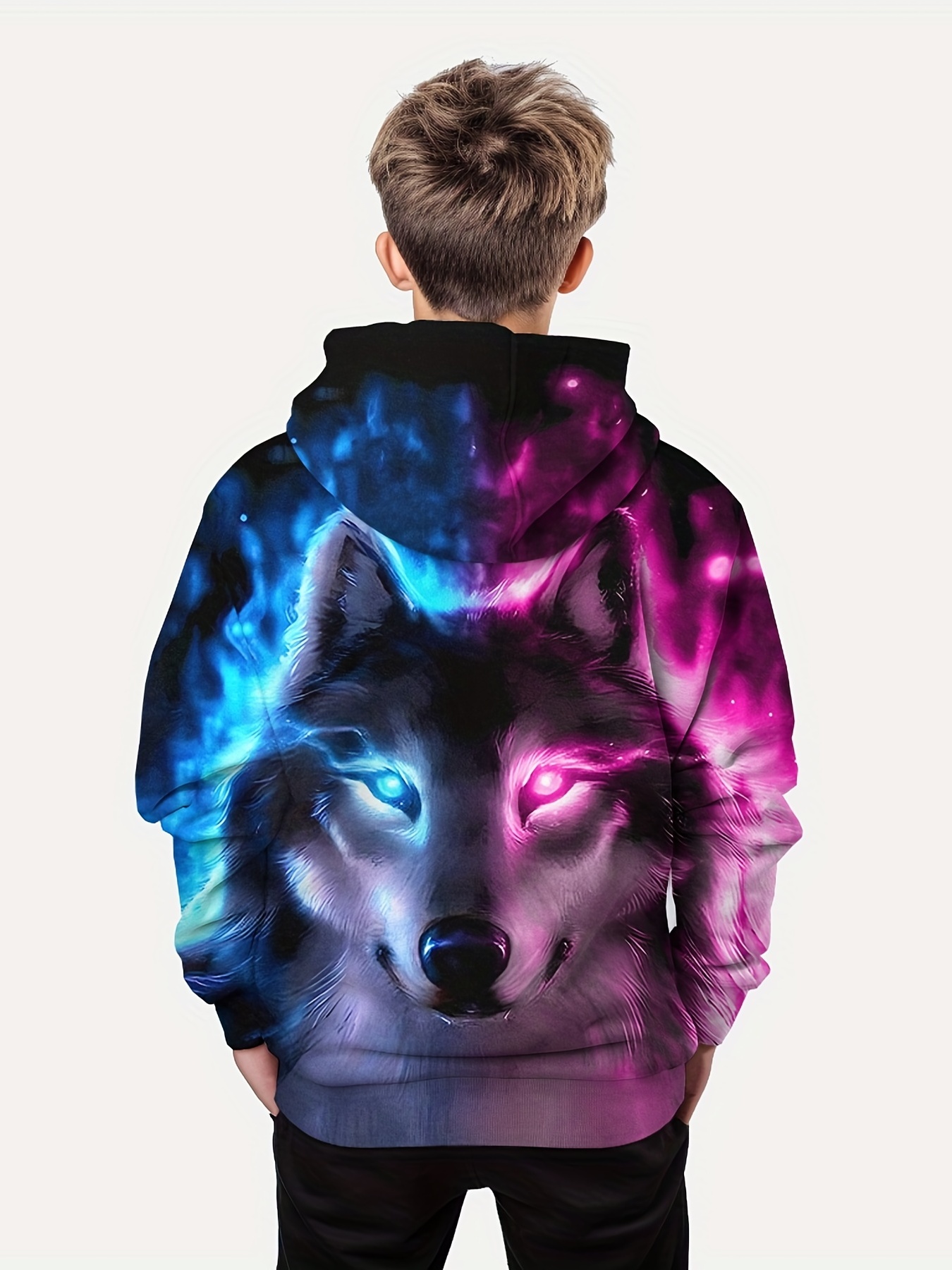 Novelty Cool Wolf 3d Print Boys Casual Pullover Hooded Long - Temu