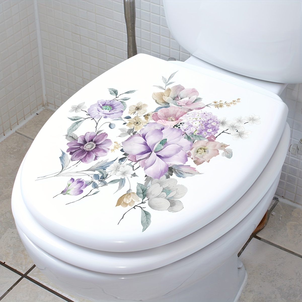 1pc Painted Flower Toilet Sticker, Removable Waterproof Vinyl Sticker, Sticker For Washroom Toilet Tank Lid Decoration, Home Decor, 11.4*12.2inch