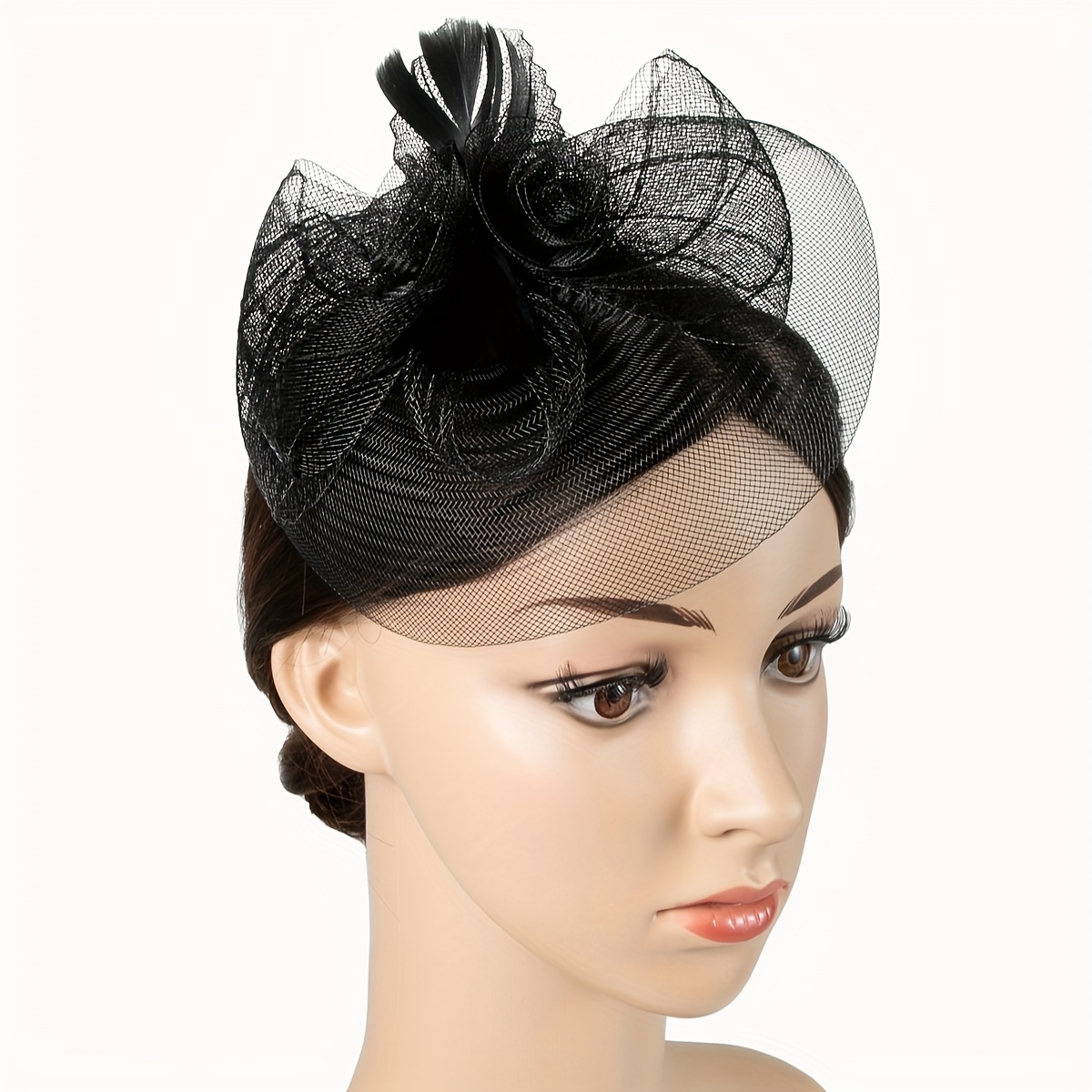 Black straw cocktail hat with veiling, modern pill box hat, Race hat, selling small black evening hat with netting