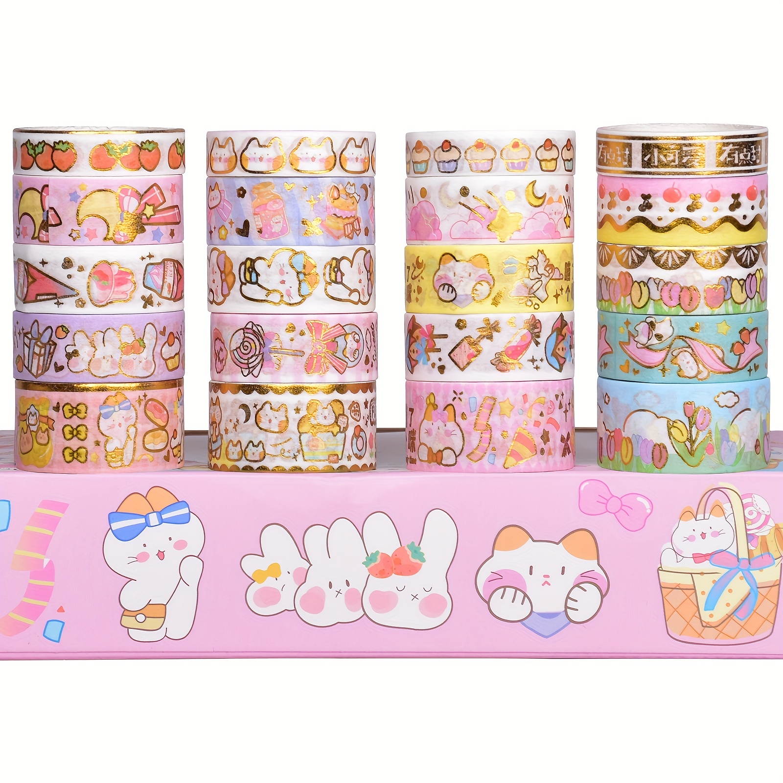 Cute Washi Tape Set, Golden Foil Kawaii Food Animals Aesthetic