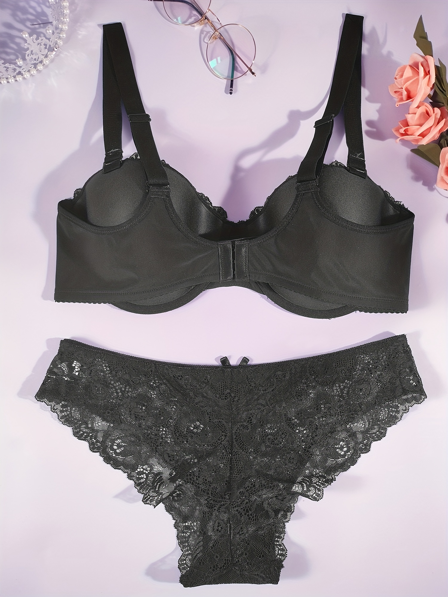 Black Bra Set Underwear Women Brief Set Plus Size Sensual Lingerie Floral Lace  Push Up Bra