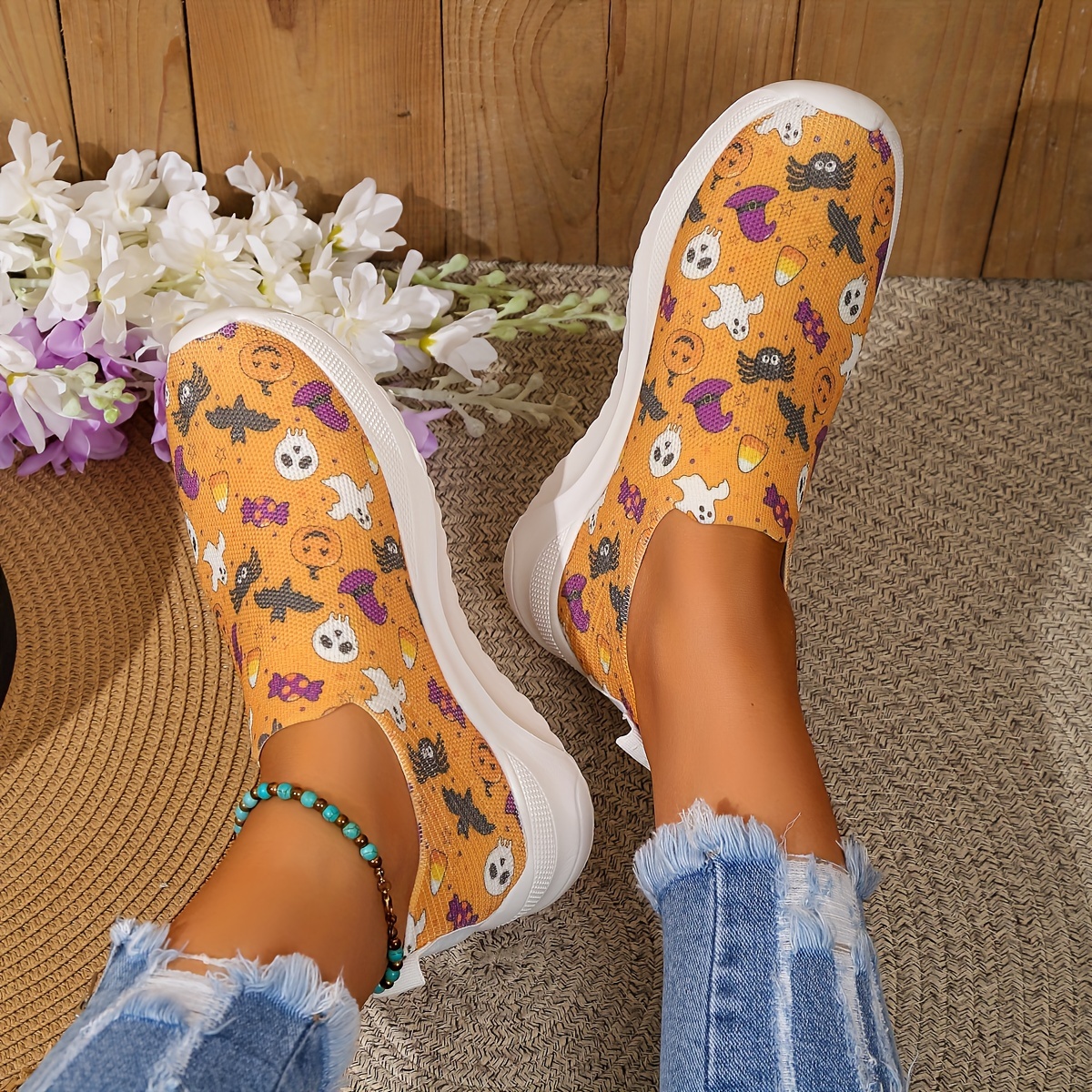 Women's Cartoon Print Knitted Sneakers, Slip On Shock Absorption Flat  Sporty Shoes, Lightweight Low-top Casual Shoes - Temu Bahrain