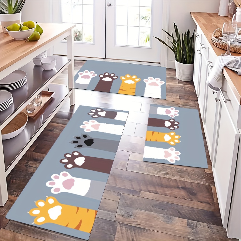 1 Cat Paw Printed Floor Mat, Blue Cat Paw Kitchen Rug, Farmhouse