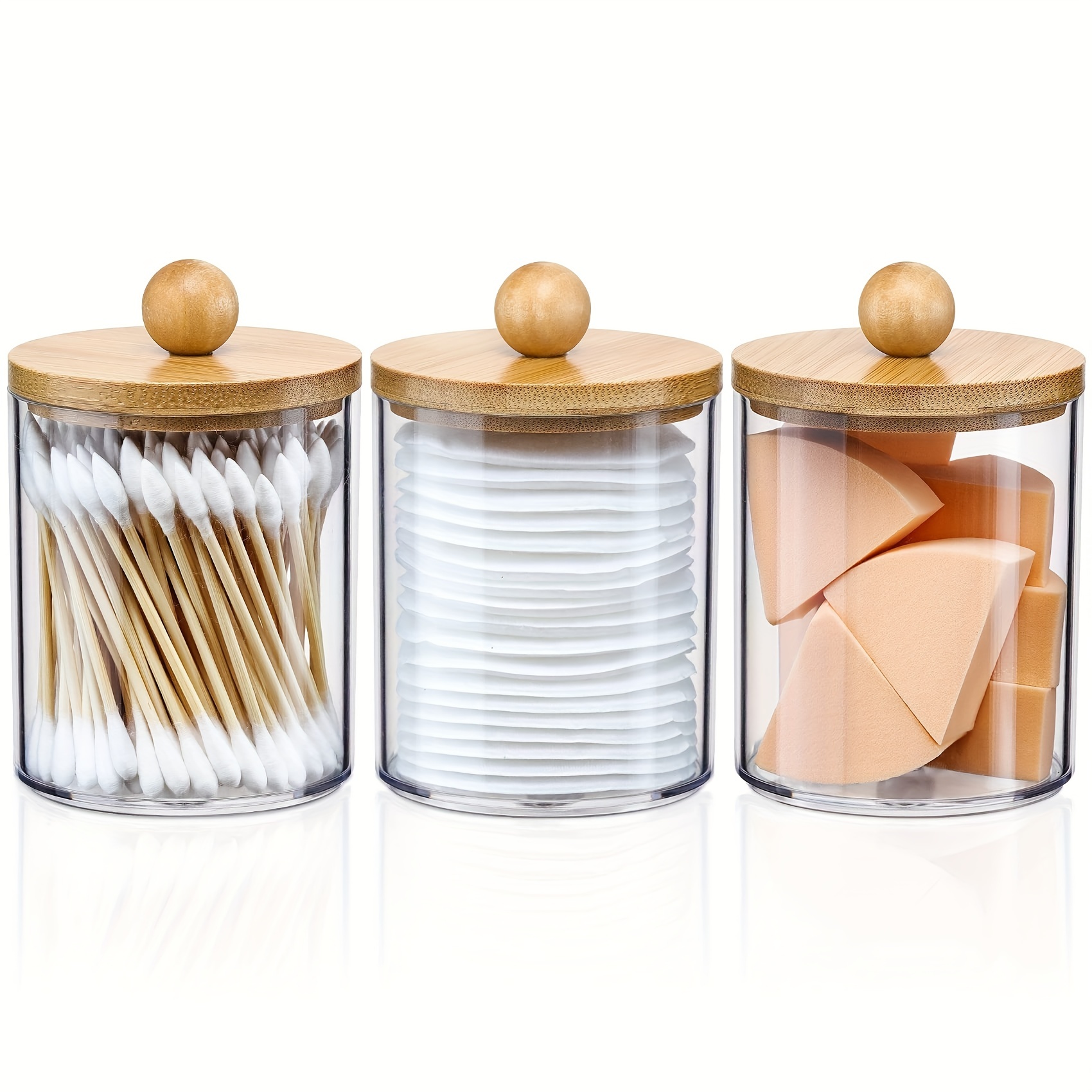 3 Pack Cotton Swab Storage Box Acrylic Box Vanity Bathroom Organizer Makeup  Cotton Swab Holder with Bamboo Lid Women Gifts 
