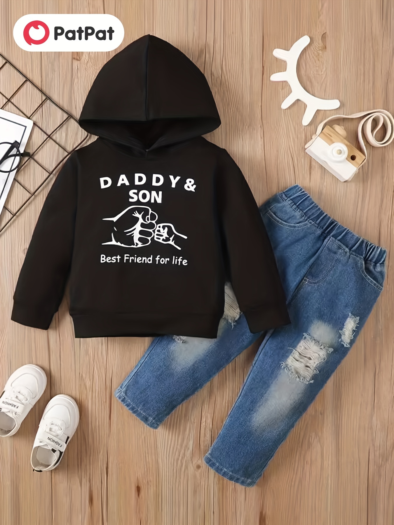 2pcs Toddler Boy Animal Dinosaur Print Faux-two Long-sleeve Tee and Ripped Denim Jeans Set