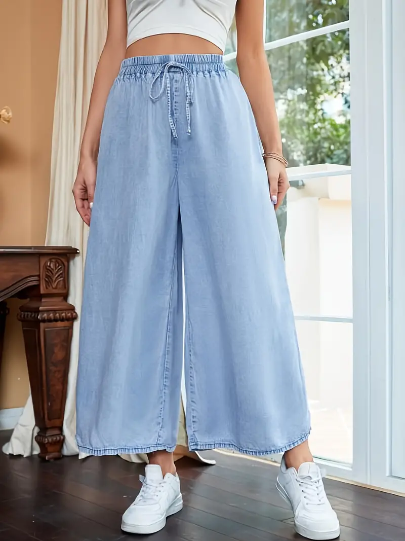Loose Baggy Jeans Drawstring Denim Pants, Elastic Band Cropped Length Light  Blue Denim Trousers, Women's Denim & Clothing