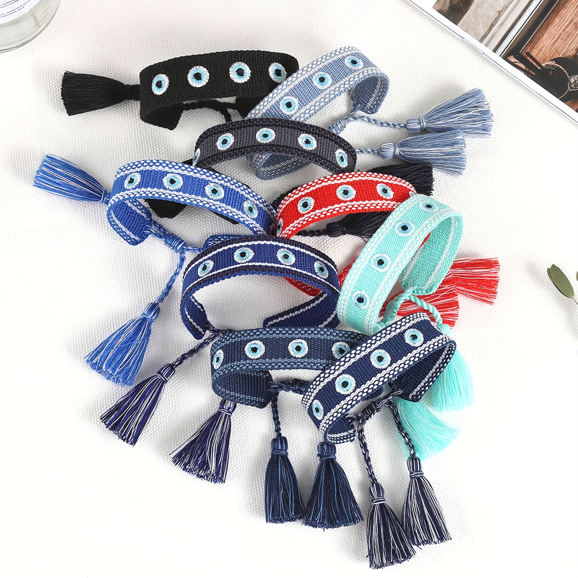 Multicolor Evil's Eyes Embroidered Tassel Bracelet, 10 Colors