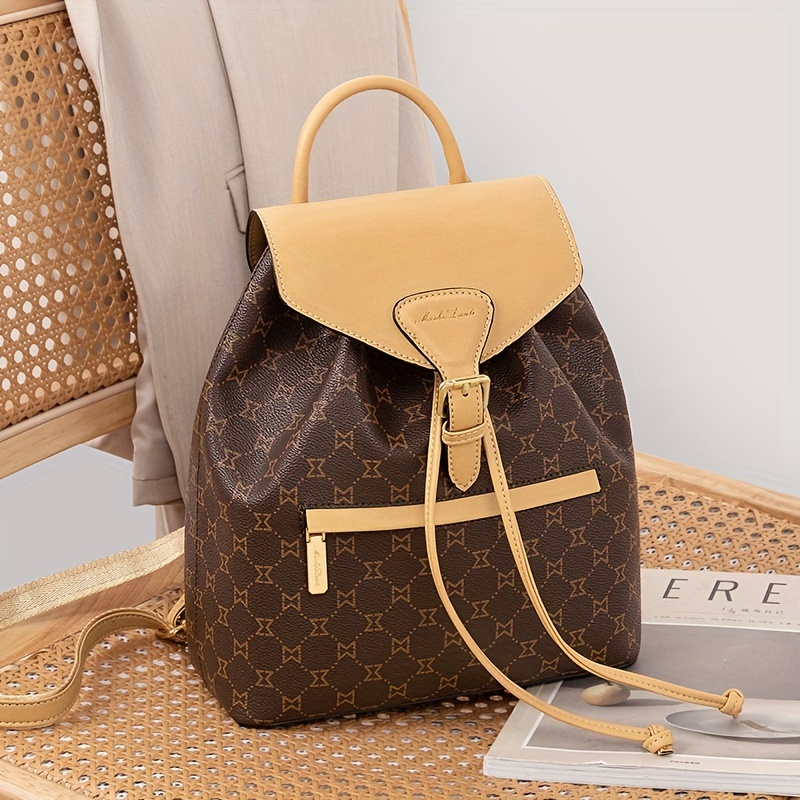 Geometric Pattern Flap Backpack Brown Elegant For Daily