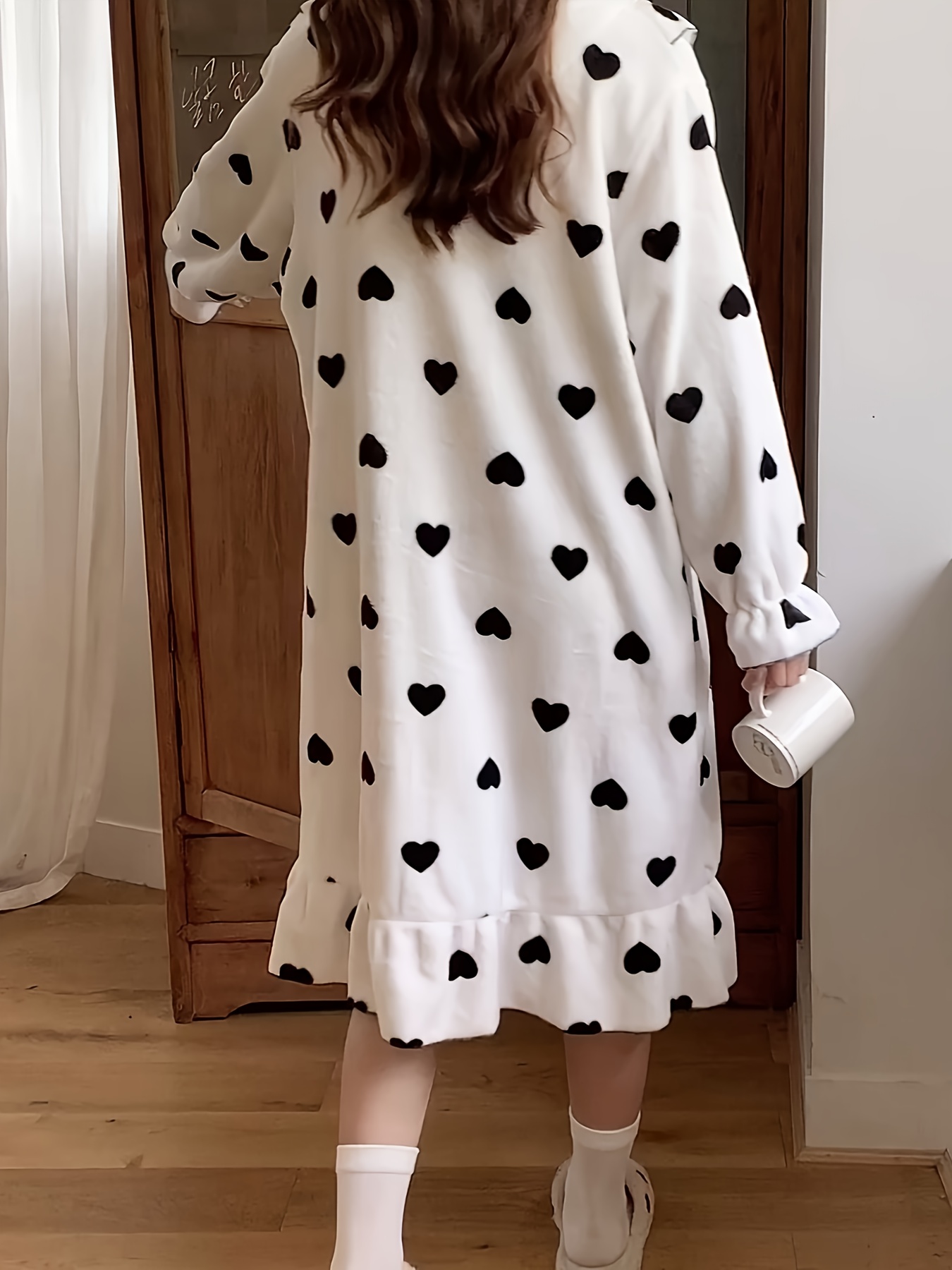 Heart Pattern Fuzzy Night Dress Bow Decor Long Sleeve Ruffle