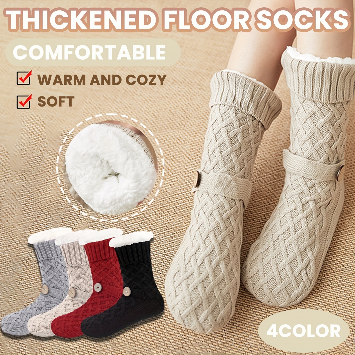 White Cozy Fuzzy Slipper Socks With Grips