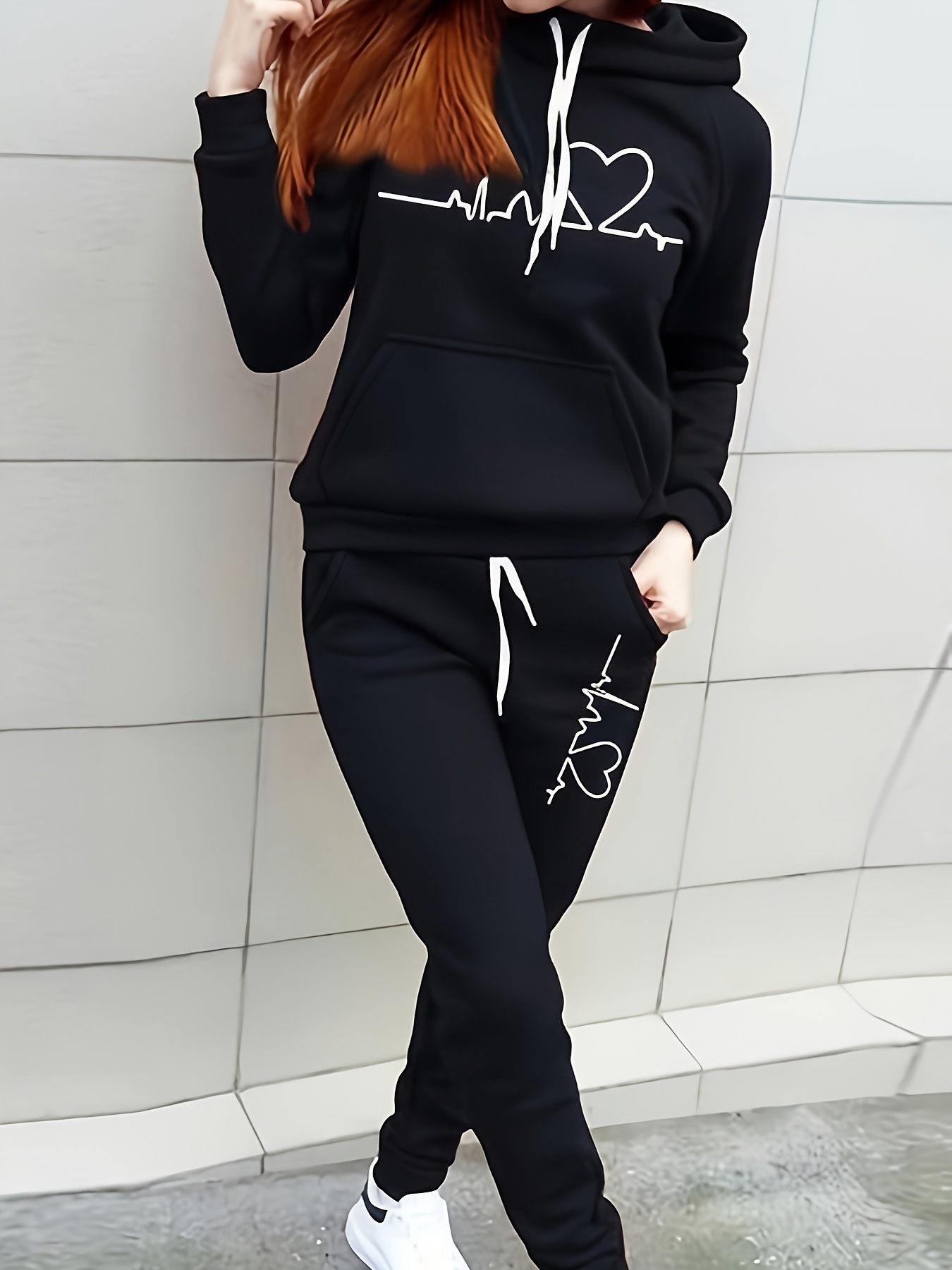 Women's Heart Ecg Print Thermal Lined Hooded Top Pants Set - Temu Canada