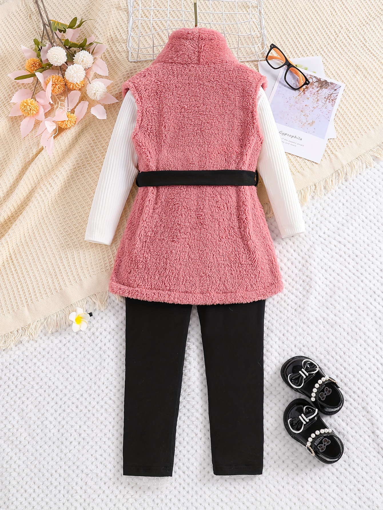 Comfy Girls, Sleeveless Plush Jacket With Bow Belt + Pullover +