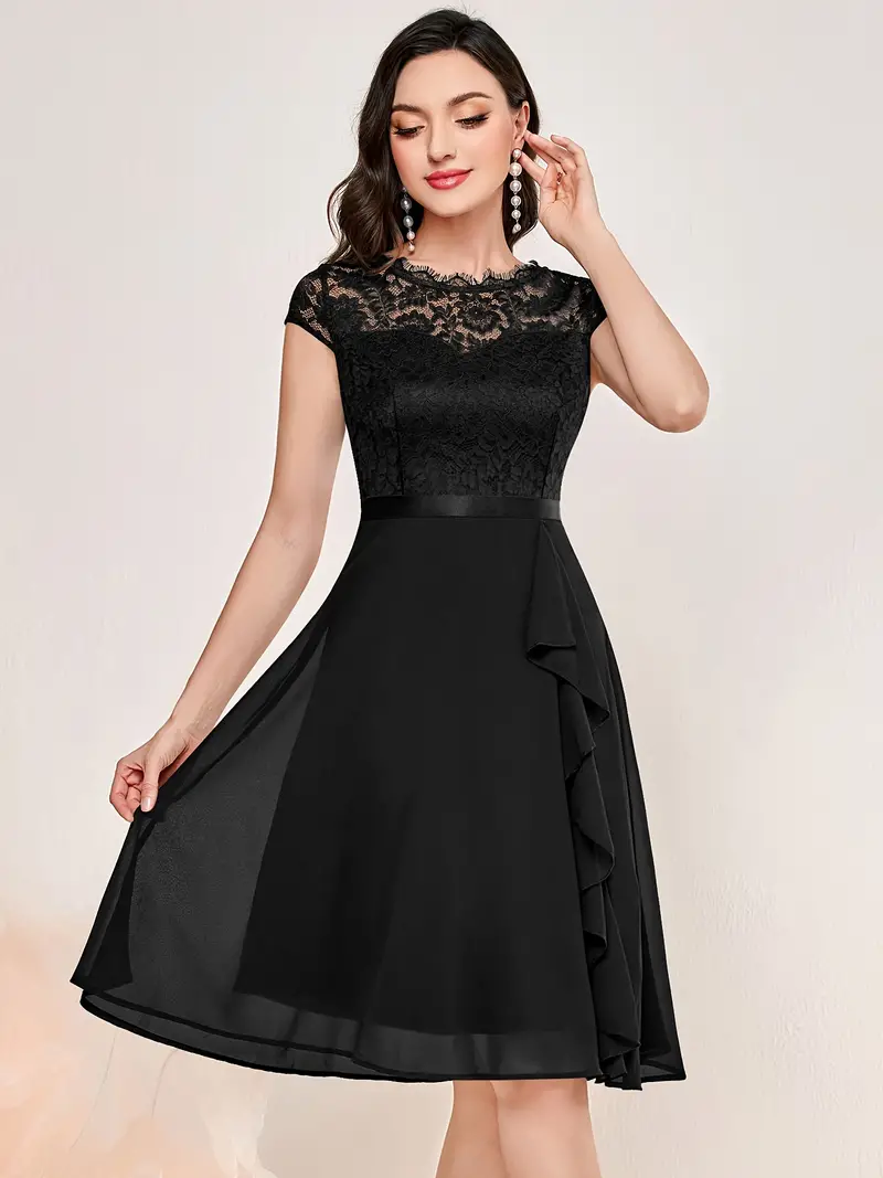 contrast lace ruffle trim party dress elegant solid crew neck short sleeve wedding dress homecoming dress womens clothing details 34