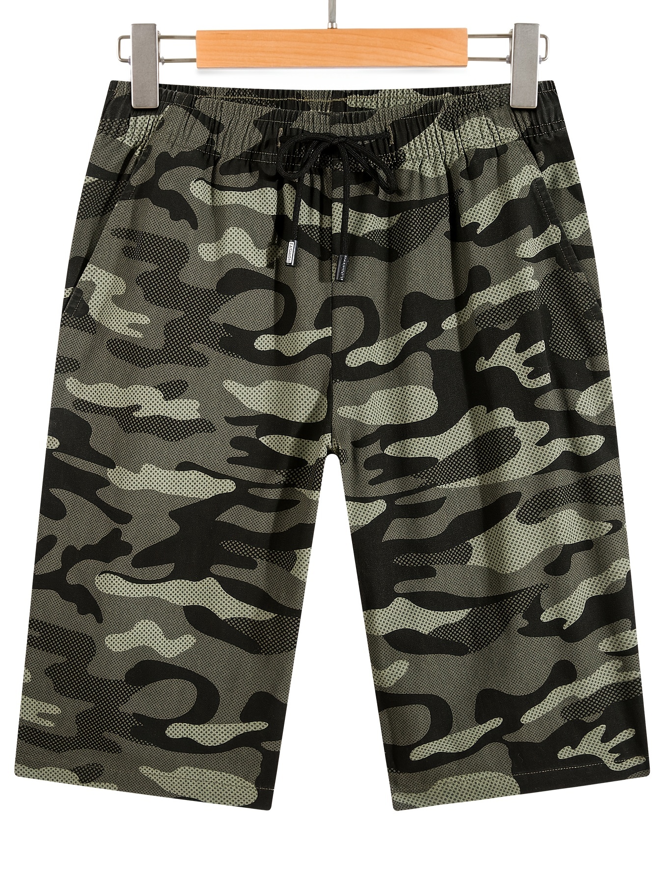 Camo Men Shorts, Camouflage Green Army Beach Mid Length 7 Inch