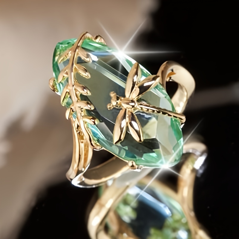 Oval Cut Green Zircon Ring Dragonfly Shaped Women's Ring