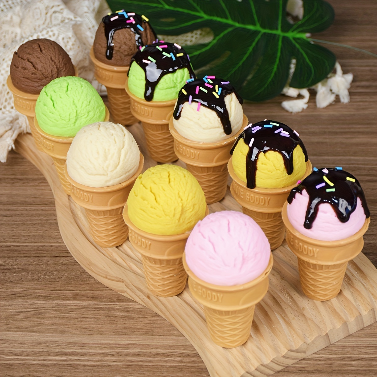 Fake Ice Cream Double Scoop Chocolate and Vanilla on Pink Cone Hand Painted  Food Photo Prop Gift Decor