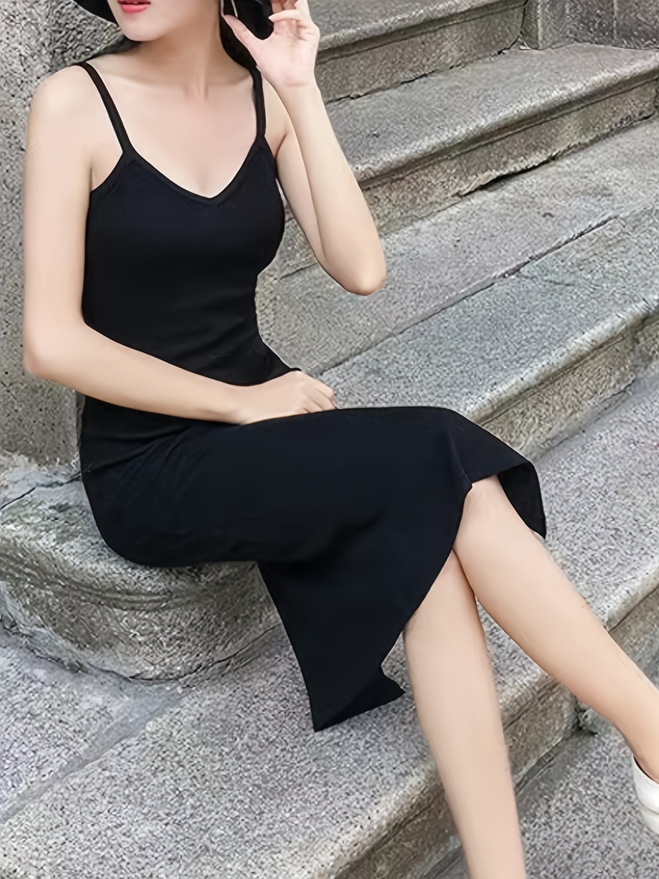 Black Cami Split Dress, Sexy Slim Casual Dress For Spring & Summer, Women's  Clothing - Temu United Arab Emirates