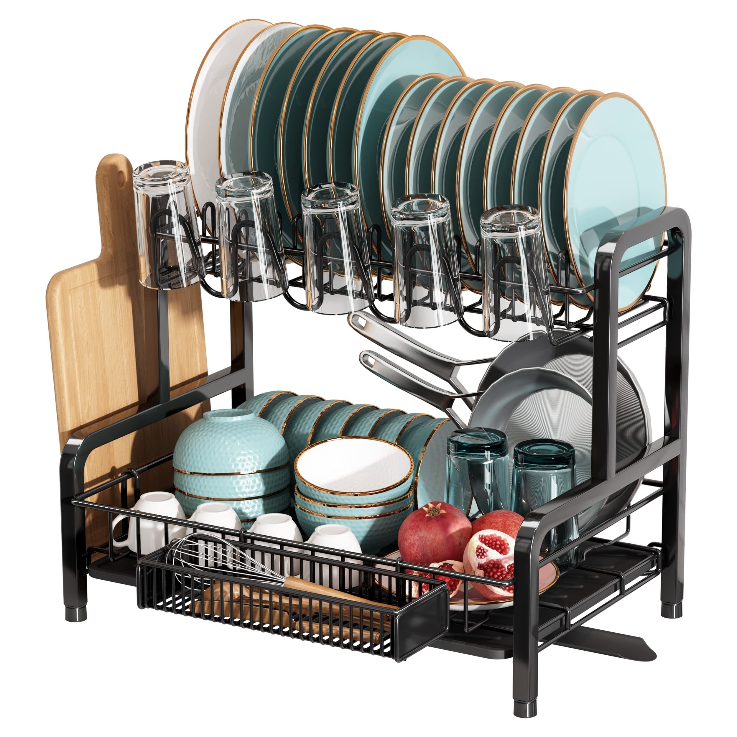 MAJALIS 2 Tiers Metal Dish Rack Dish Drying Rack with Drainboard Set  Cutlery Holder Cutting Board Holder