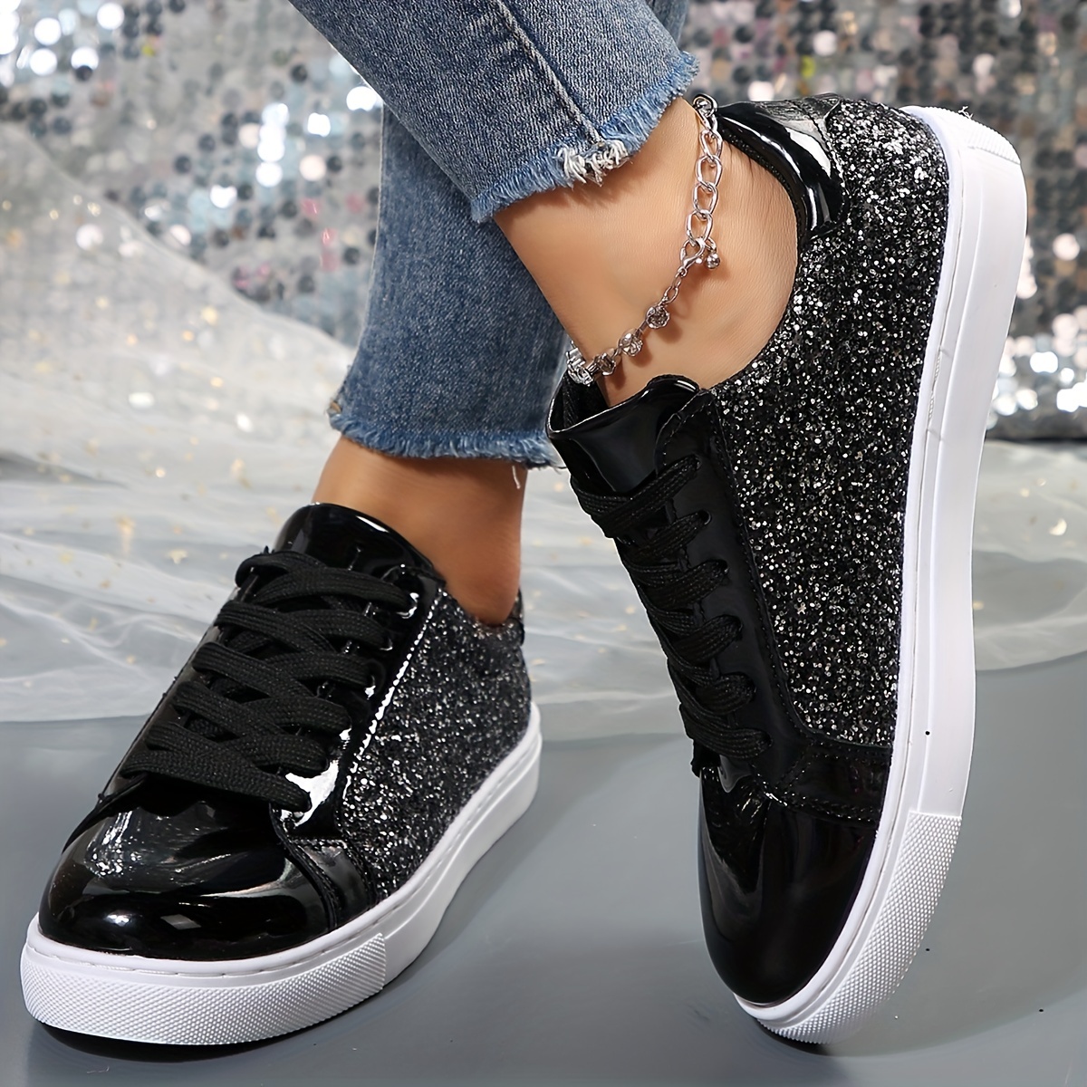 Women's Glitter Sequins Sneakers, Fashion Lace Up Low Top Skate Shoes,  Comfortable All-Match Walking Flat Shoes for Music Festival