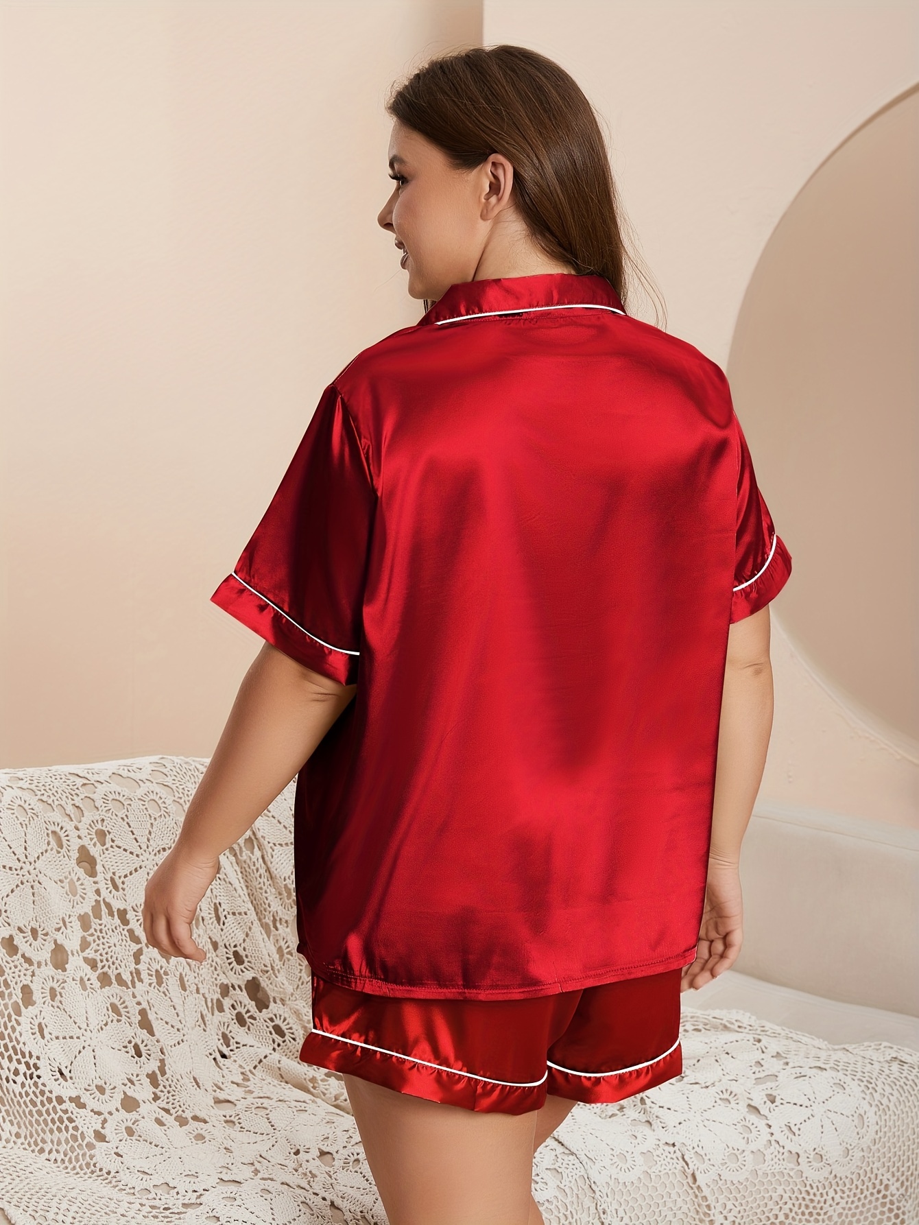 Satin Short Sleeve Pajama Set Plus Solid Comfort Loungewear
