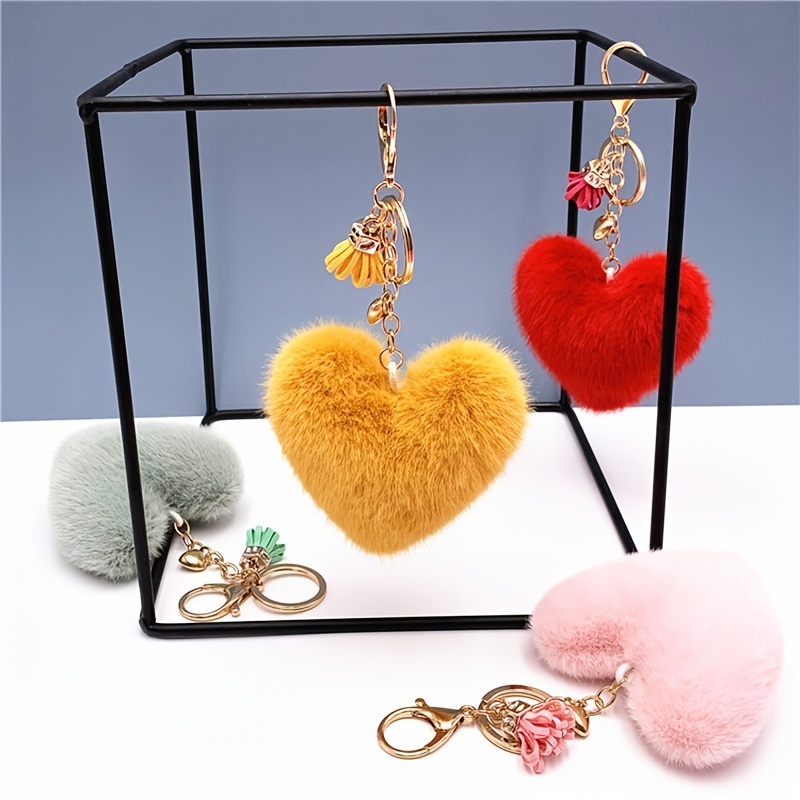 Love Heart Pompom Ball Keychains for Women Purse Bag Charm Pendant