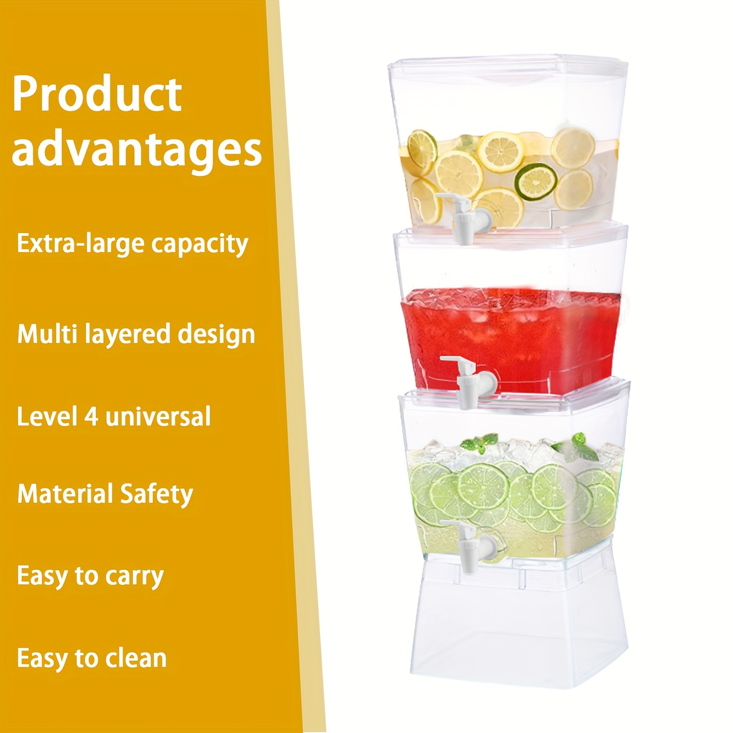 3-Tier Beverage Dispenser-Stackable Layers with Spigots & Ice