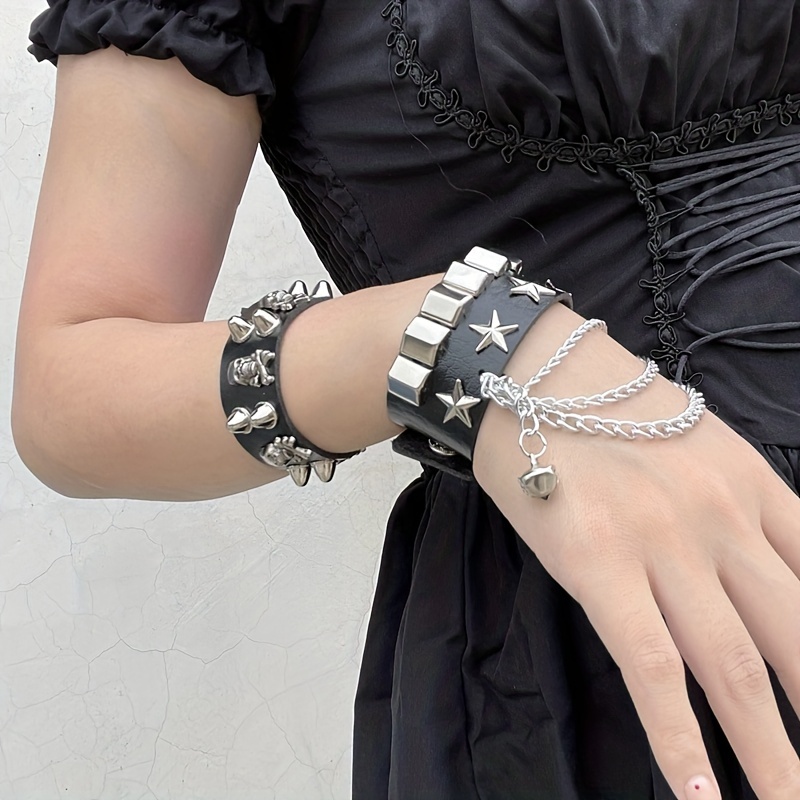 Personality Punk Style Pu Lather Chunky Bangle Bracelet Hand - Temu