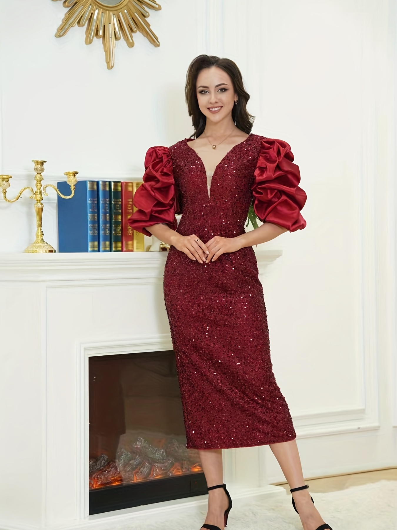 Sequin Decor Puff Sleeve Bridesmaid Dress Elegant Square - Temu