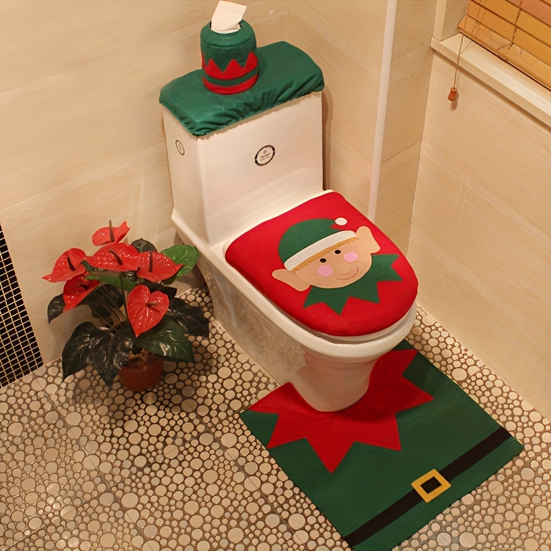 Ensemble de 3 pièces Toilette Siège Housse Réservoir d'eau Couverture Tapis  Salle de bain Décor Set Père Noël