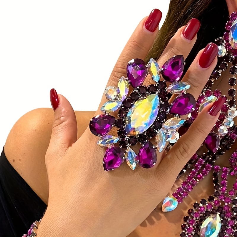 

Purple Rhinestone Exaggerated Open Ring Adjustable Large Crystal Finger Ring Jewelry For Women