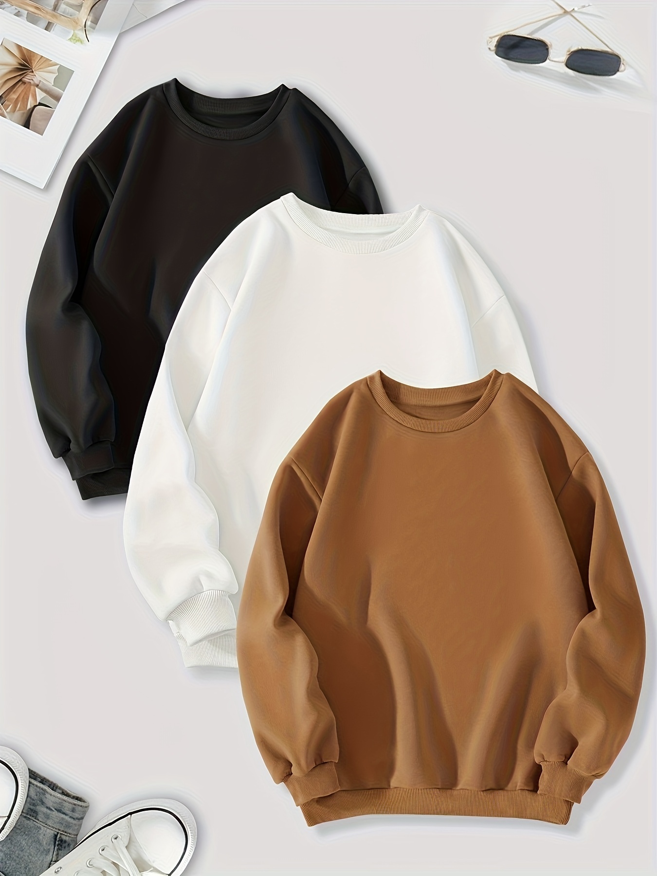 Men's Plus Size Print Plain Color Long Sleeve Pullover Crew - Temu