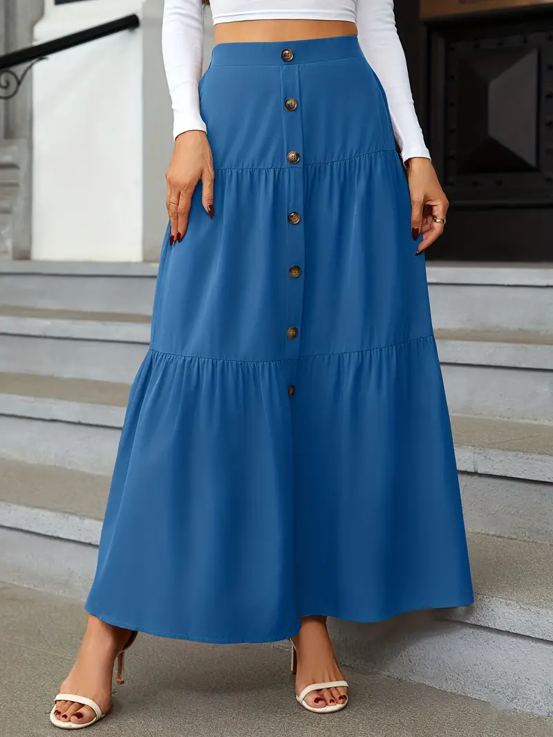 high waist tiered skirts casual solid button front maxi skirts womens clothing details 20