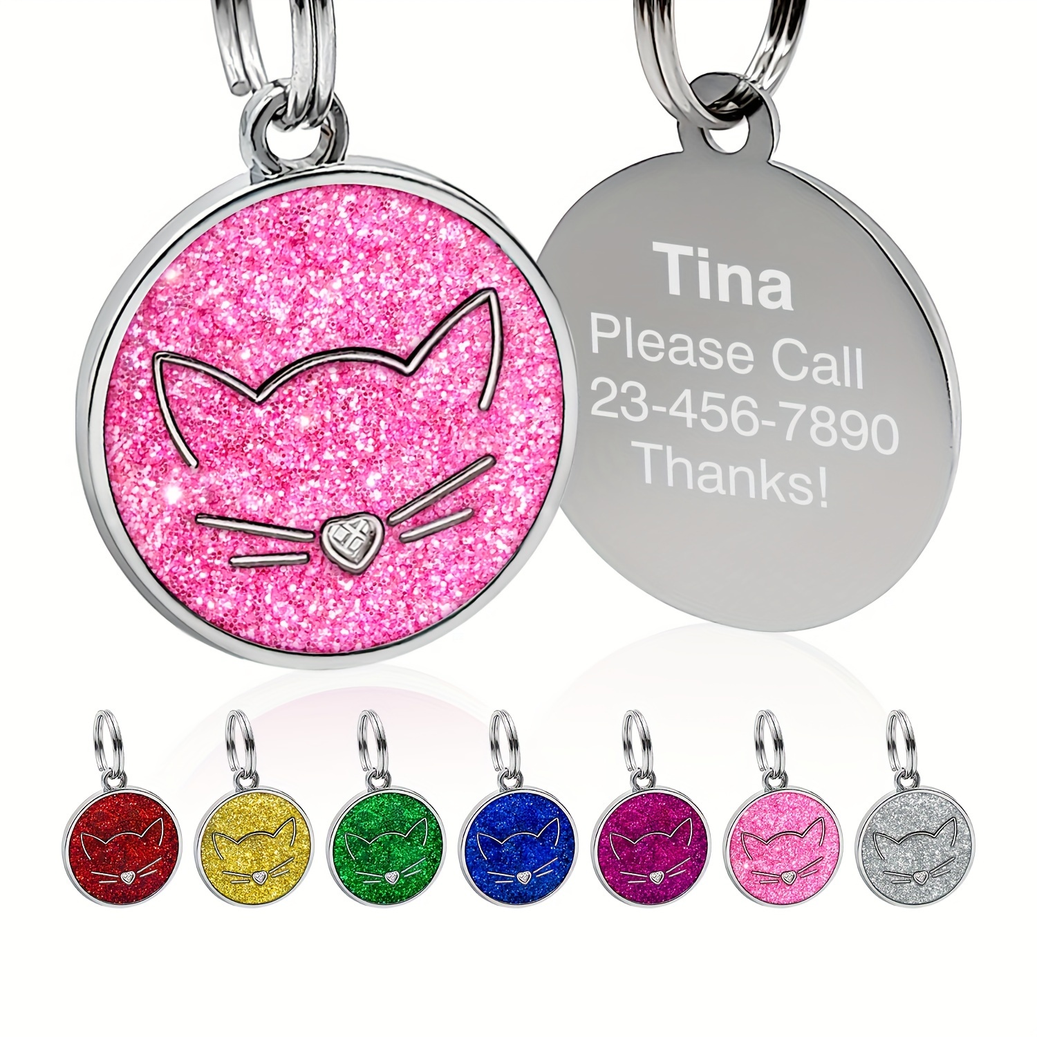 

Personalized Dog Tag Glitter Lettering Pet Tag Round Cat Face Pet Tag Customizable Engraving Dog Tag