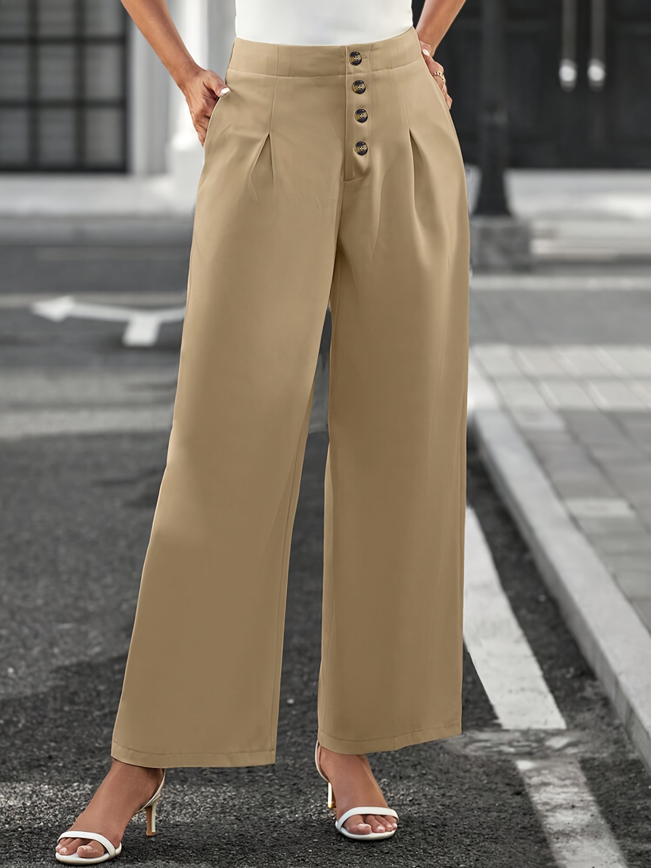 Solid High Waist Slim Trouser Elegant Pocket Pants Work - Temu