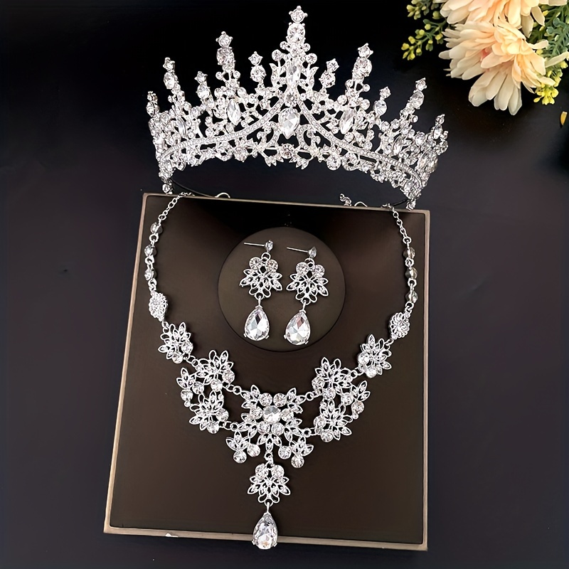 3Pcs/Set Bridal Crown Wedding Diadem Tiara Necklace Earrings Wedding Dress, Dress for Wedding Accessories,Temu