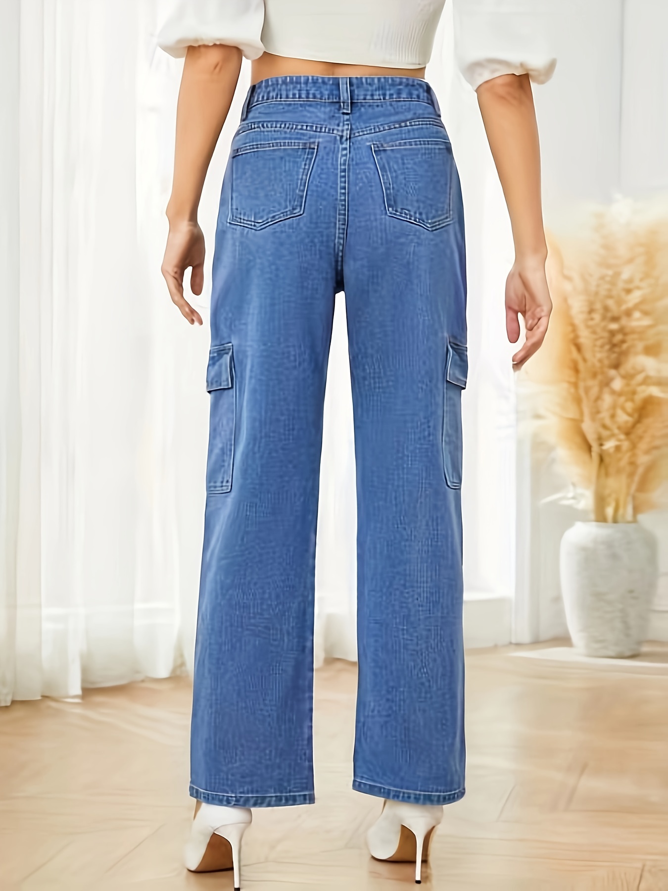 Blue Flap Pockets Cargo Pants, Loose Fit Non-Stretch Y2K & Kpop Style  Straight Jeans, Women's Denim Jeans & Clothing
