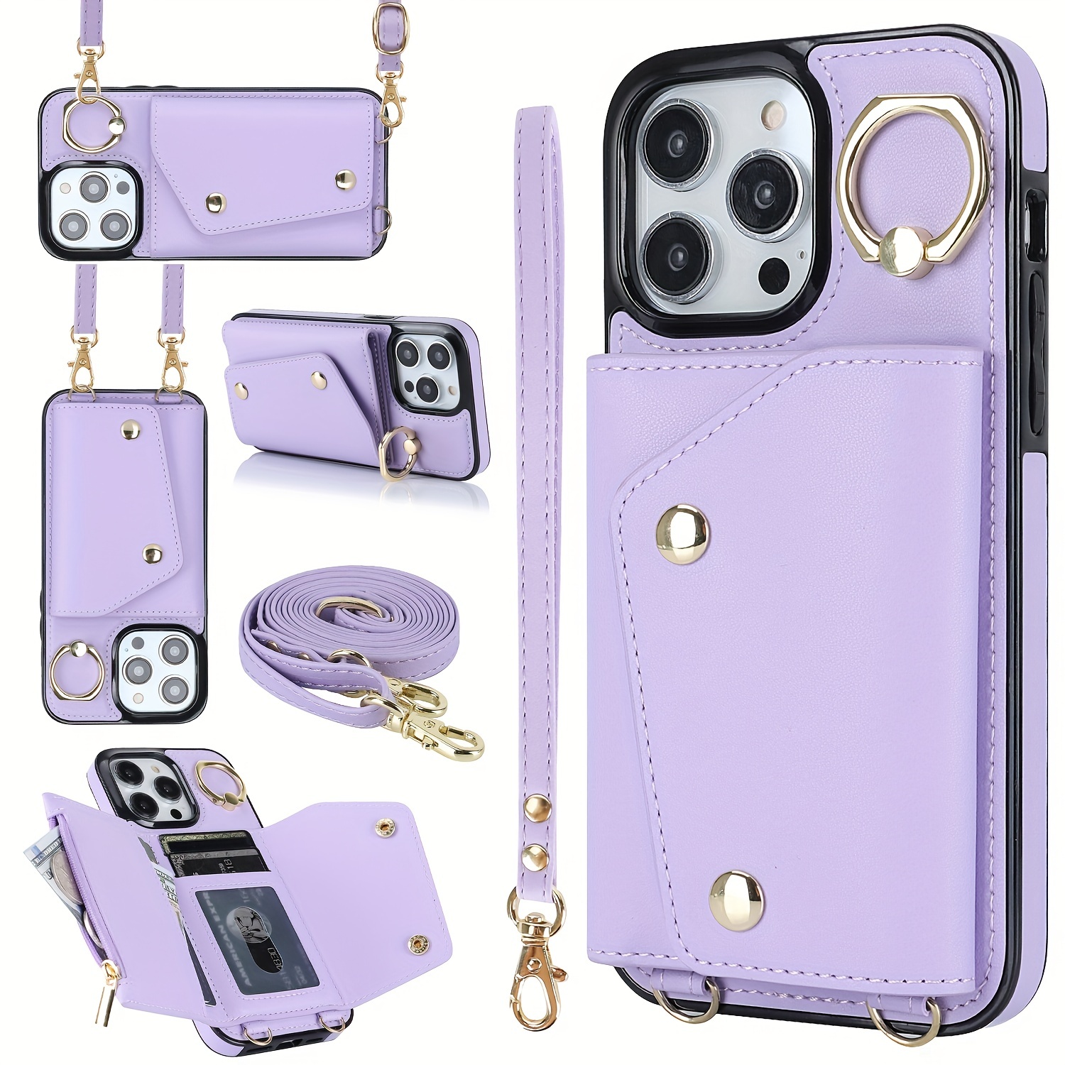 For iPhone 15 14 13 12 11 Pro Max XS 8 Leather Wallet Crossbody Strap Stand  Case
