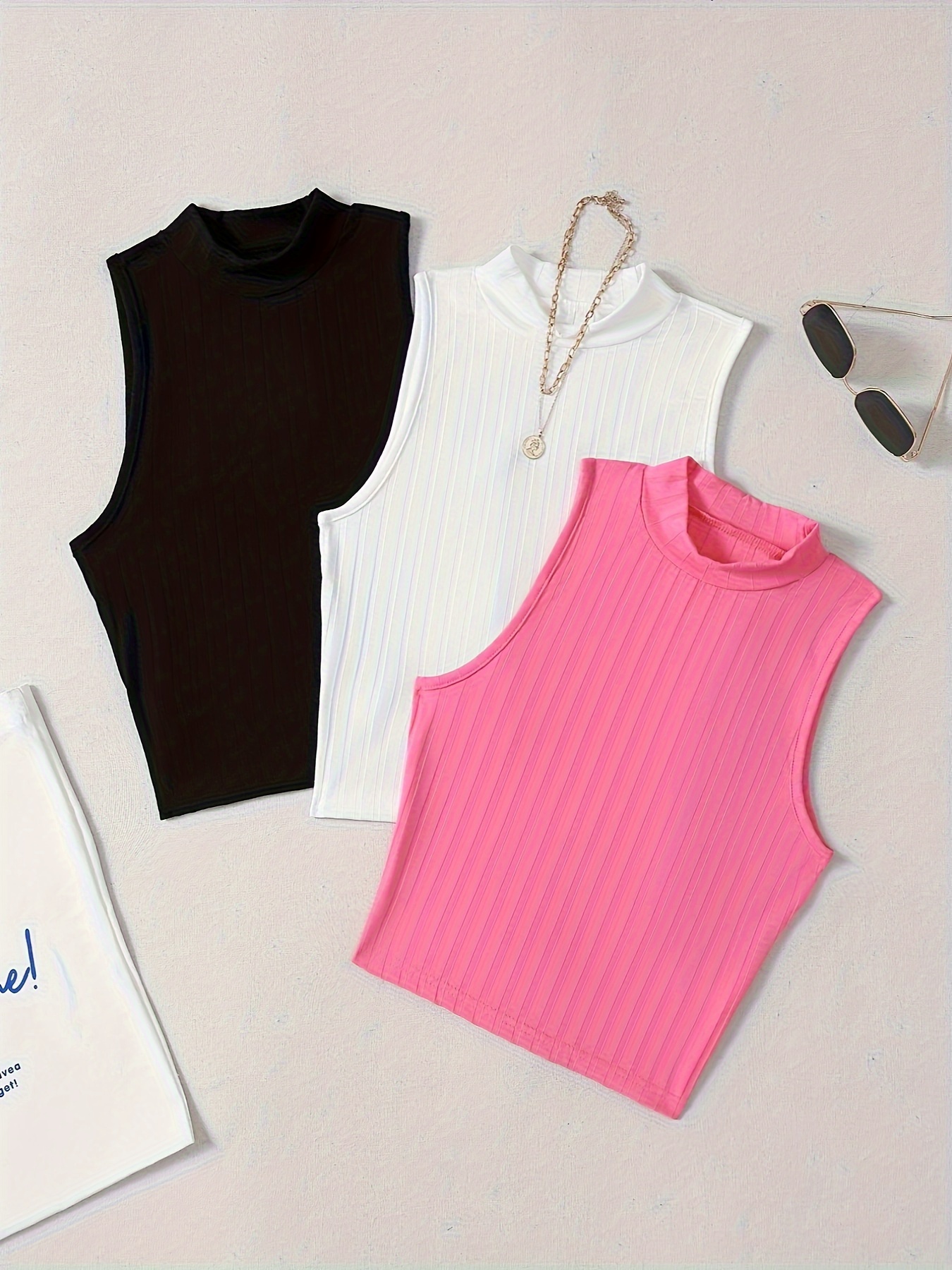 Women Summer Basic Pink Woman Clothes Crop Tank Top Balck and