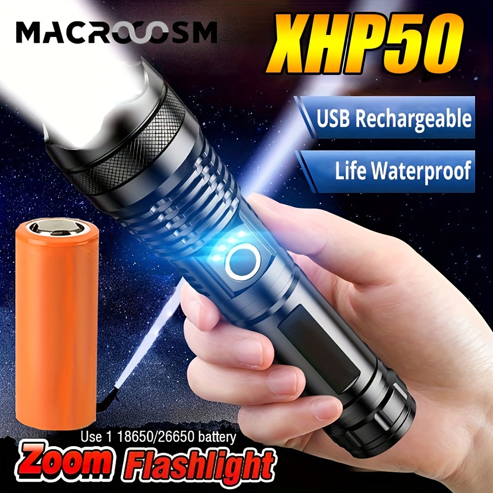 Lampe de poche rechargeable à Led lumineuse, Portable, haute luminosité,  résistante à l'eau, 3 modes, lumière de poche à mise au point zoomable