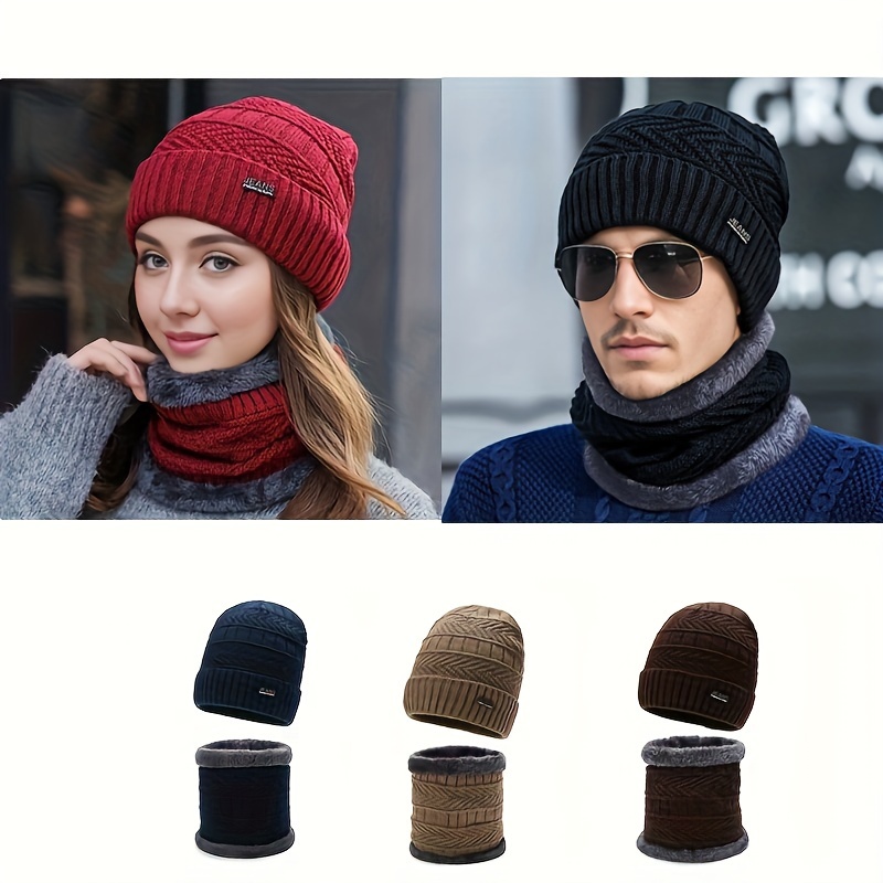 

Winter Knitted Beanie Hat & Scarf Set, Ear Protection Warm Hat Velvet Neck Gaiter For Men And Women