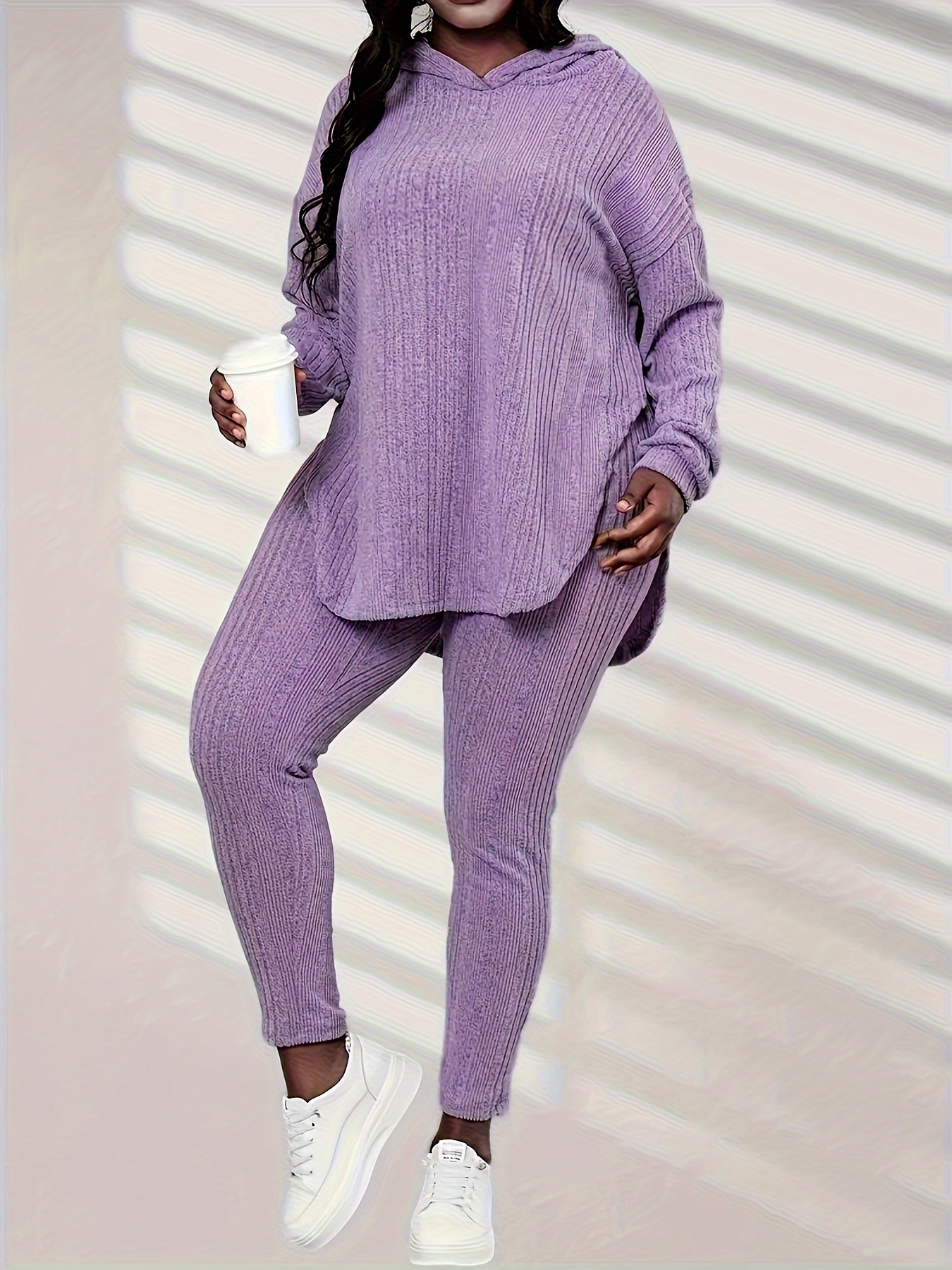 Plus Size Rib Knit Solid Long Sleeve Hoodie Tops Leggings - Temu Portugal