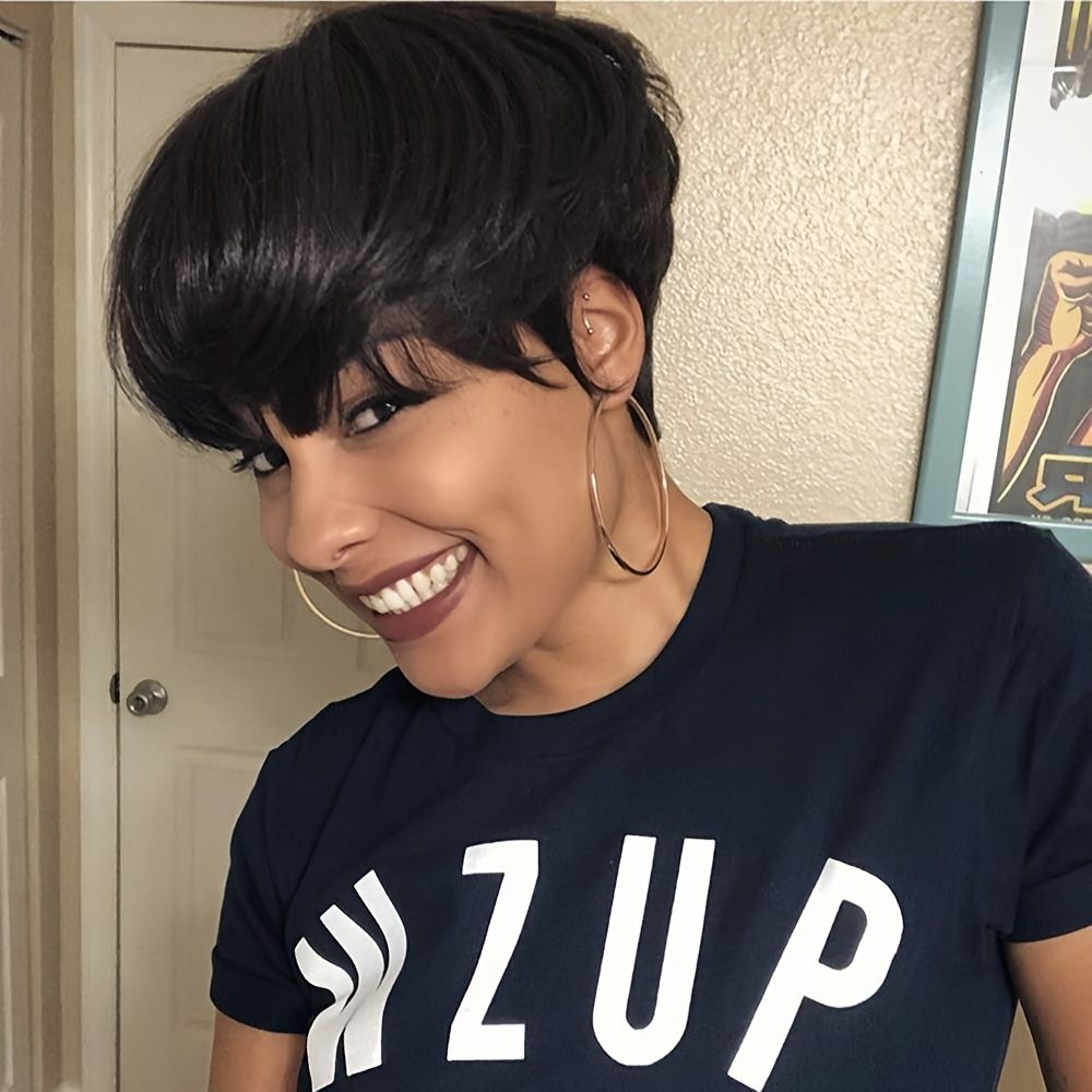 Pixie Cut Wig Short Hair With Bangs Natural Black Straight Synthetic  Machine Make Wigs - Beauty & Personal Care - Temu