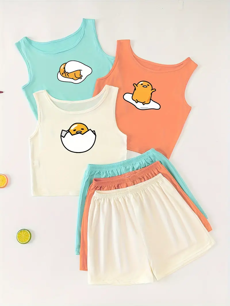 3 Sets Cute Egg Print Pajama Set, Crew Neck Crop Tank Top & Elastic Shorts, Women's Sleepwear & Loungewear
