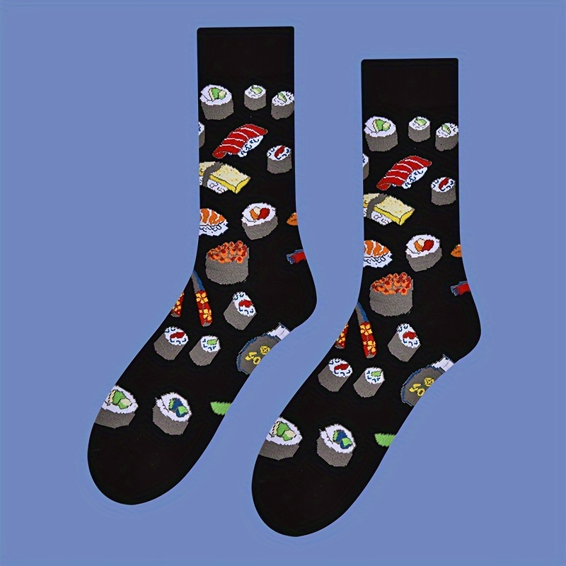 

1 Pair Of Men's Novelty Cartoon Sushi Pattern Crew Socks, Breathable Cotton Blend Comfy Casual Unisex Socks For Men's Outdoor Wearing All Seasons Wearing