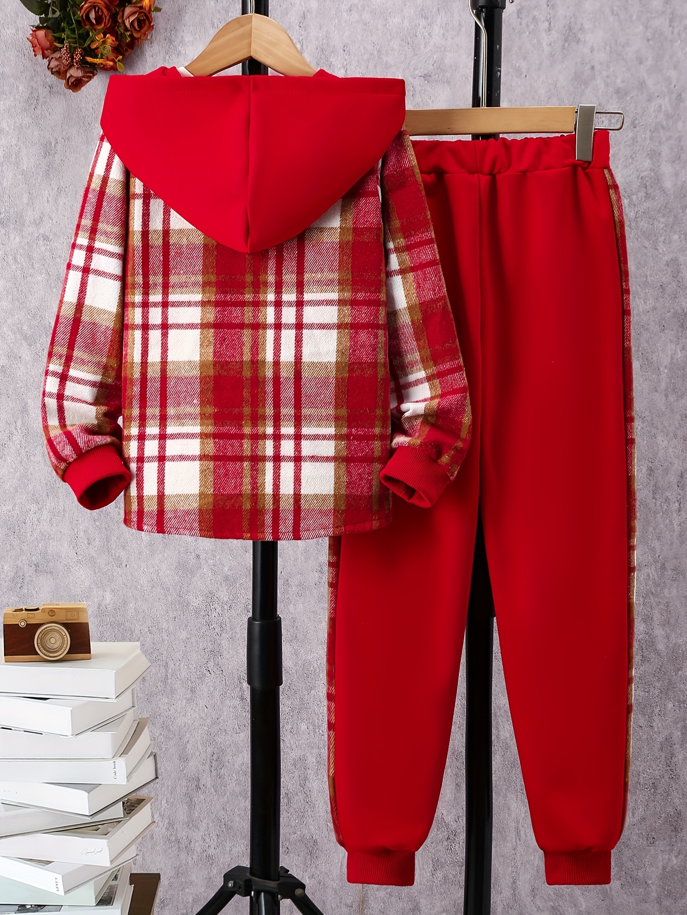 2-piece Toddler Boy Pocket Hoodie Sweatshirt and Plaid Pants Set