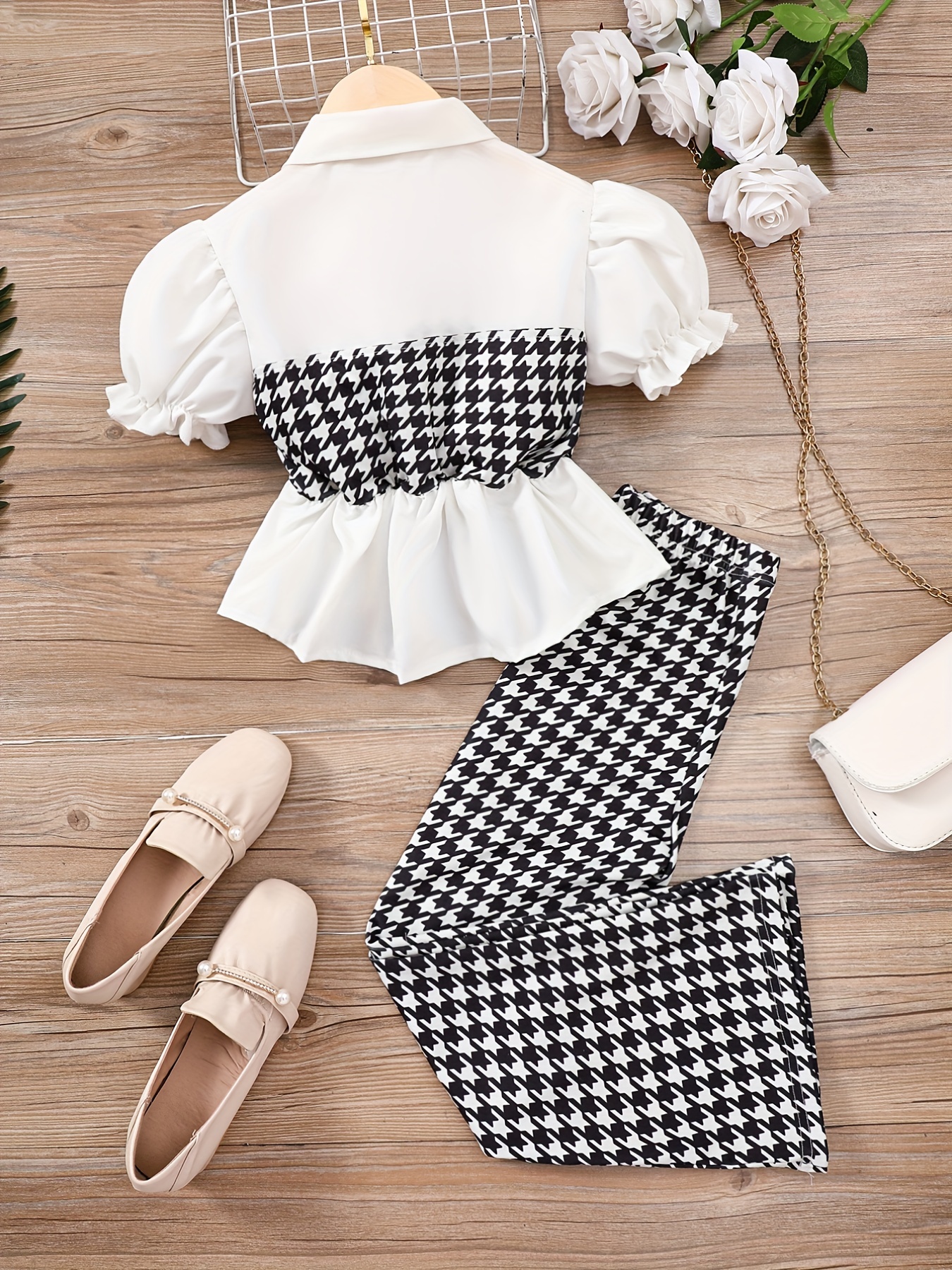 2pcs Toddler Girls Puff Sleeve Button * Hem Blouse Top & Houndstooth Flare  Leg Pants Set Kids Summer Clothes